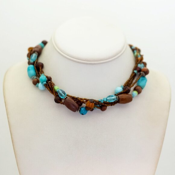 16 inch, Vintage Blue & Brown Beads Unique Choker Necklace - T26 - Picture 1 of 3